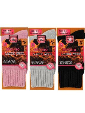 Women Merino Lamb Wool Socks, Thick Warm Winter Hiking Crew, Size 9-11, 3-Pairs